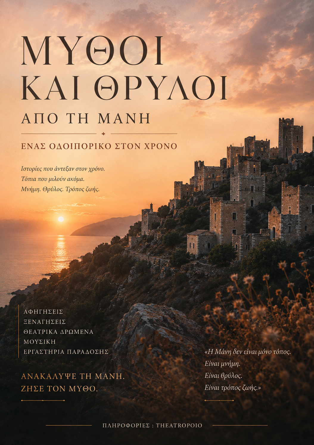 ΜΥΘΟΙ ΚΑΙ ΘΡΥΛΟΙ ΑΠΟ ΤΗ ΜΑΝΗ poster — tower houses of Mani at sunset