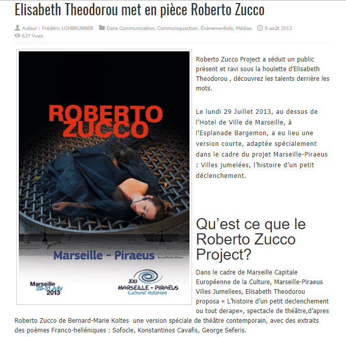 Press article: Elisabeth Theodorou met en pièce Roberto Zucco