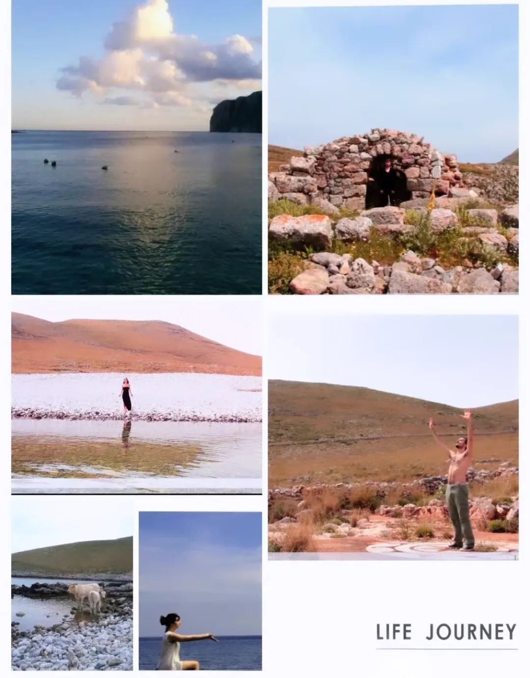 Life Journey — archive collage of sea, stone chapel and performance from the Tainaro landscape